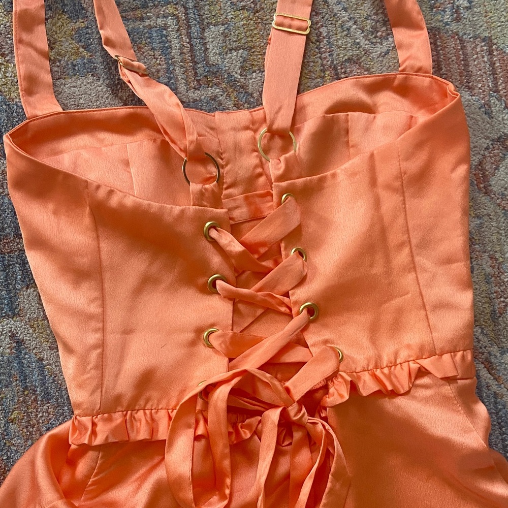 Show Me Your MuMu Peach Satin Tiered Ruffle Maxi Dress - Picture 12 of 16